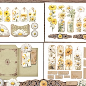 Daisy Junk Journal Kit Printable JPG Pages with Ephemera, Tags, Bookmark, Fussy Cut, Summer Floral, Flower Digital Paper, Digital Download image 4