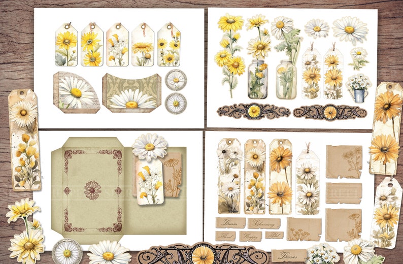 Daisy Junk Journal Kit Printable JPG Pages with Ephemera, Tags, Bookmark, Fussy Cut, Summer Floral, Flower Digital Paper, Digital Download image 4