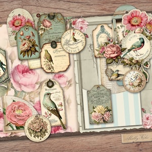 Kit de journal indésirable shabby chic pages JPG imprimables avec éphémères, couverture, étiquettes, pastel, horloge, oiseau, rose, papier numérique, téléchargement numérique image 7