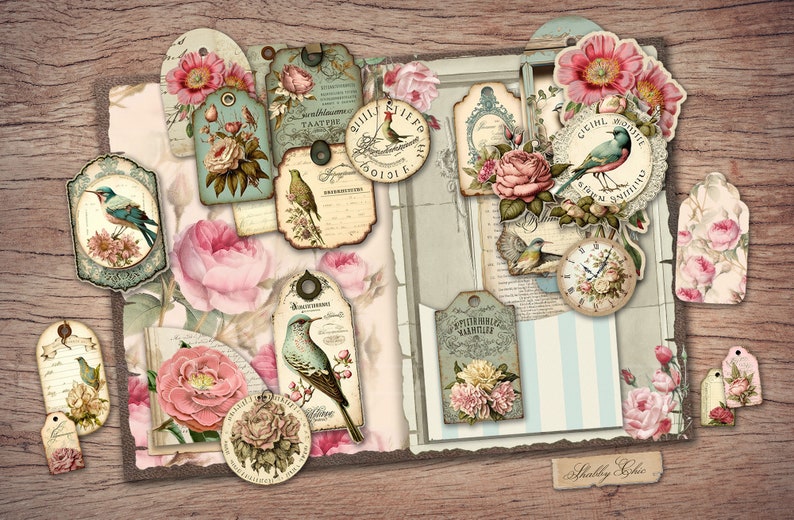 Kit de journal indésirable shabby chic pages JPG imprimables avec éphémères, couverture, étiquettes, pastel, horloge, oiseau, rose, papier numérique, téléchargement numérique image 7