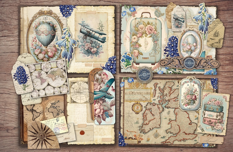 May include: Vintage travel themed scrapbook paper with images of a hot air balloon, airplane, luggage, and maps. The paper is decorated with blue flowers and has a distressed look.