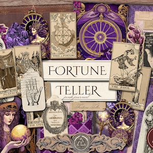 Zestaw dziennika Fortune Teller Junk (do druku strony JPG z efemerydami, tagami), chiromancja, mistyczne, karty tarota, papier cyfrowy, pobieranie cyfrowe