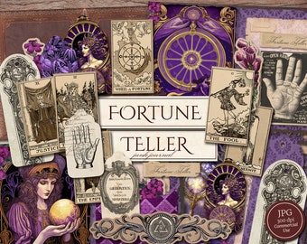 May include: A digital collage of vintage images with a purple and gold color scheme. The collage features tarot cards, a fortune teller's hand, and the words "Fortune Teller" and "Junk Journal".