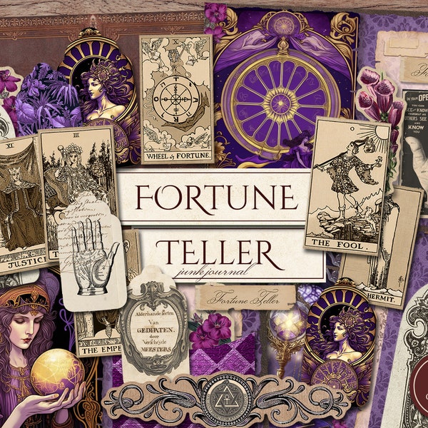 Fortune Teller Junk Journal Kit (Printable JPG Pages with Ephemera, Tags), Palmistry, Mystical, Tarot Cards Digital Paper, Digital Download