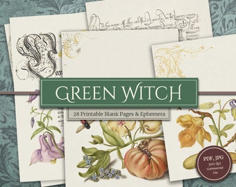 Druckbares grünes Hexenzauberbuch (28 Seiten & Ephemera), für Grimoire, Book of Shadows Spell Kit, Junk Journal, Sofortiger digitaler Download