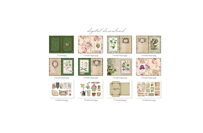 Puede incluir: Una descarga digital de 12 im&aacute;genes imprimibles con dise&ntilde;os florales y bot&aacute;nicos. Las im&aacute;genes incluyen una portada, p&aacute;ginas interiores, elementos ef&iacute;meros y un sobre. Las im&aacute;genes son perfectas para scrapbooking, creaci&oacute;n de tarjetas y otras manualidades de papel.