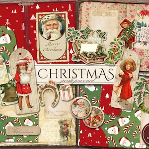 Christmas Junk Journal Kit (Printable JPG Pages with Ephemera, Cover, Card, Fussy Cuts, Tags), Vintage Santa Digital Paper, Digital Download