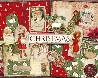 Christmas Junk Journal Kit (Druckbare JPG Seiten mit Ephemera, Cover, Karte, Fussy Cuts, Tags), Vintage Santa Digitales Papier, digitaler Download