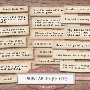 Puede incluir: Una colecci&oacute;n de citas imprimibles en tiras de papel color beige con una fuente de m&aacute;quina de escribir vintage. Las citas cubren temas de autodescubrimiento, sue&ntilde;os y felicidad. Las palabras "Printable Quotes" se muestran en una pancarta blanca.
