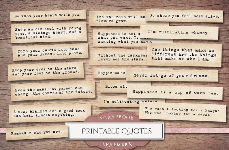 Puede incluir: Una colecci&oacute;n de citas imprimibles en tiras de papel color beige con una fuente de m&aacute;quina de escribir vintage. Las citas cubren temas de autodescubrimiento, sue&ntilde;os y felicidad. Las palabras "Printable Quotes" se muestran en una pancarta blanca.