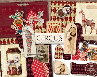 Circus Junk Journal Kit (Printable JPG Pages with Ephemera, Cover, Bookmarks), Fairground, Carnival Animals, Digital Paper, Digital Download