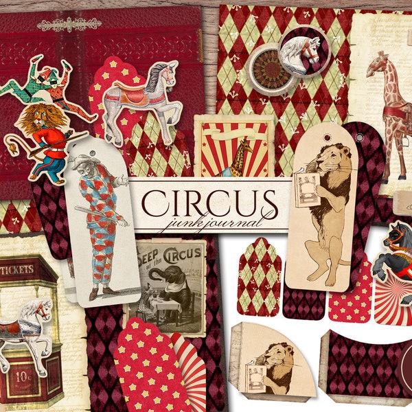 Circus Junk Journal Kit (Printable JPG Pages with Ephemera, Cover, Bookmarks), Fairground, Carnival Animals, Digital Paper, Digital Download