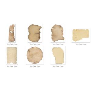 K&ouml;nnte beinhalten: Sieben verschiedene Bilder von zerrissenem Papier in verschiedenen Formen und Gr&ouml;&szlig;en. Das Papier ist hellbraun und hat eine raue Textur.