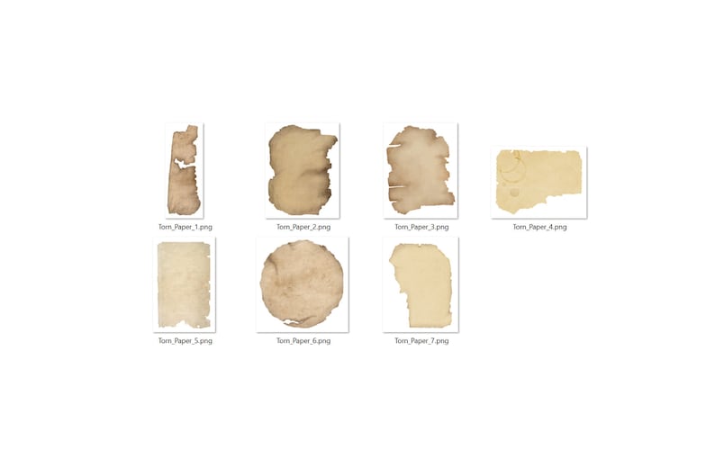 K&ouml;nnte beinhalten: Sieben verschiedene Bilder von zerrissenem Papier in verschiedenen Formen und Gr&ouml;&szlig;en. Das Papier ist hellbraun und hat eine raue Textur.