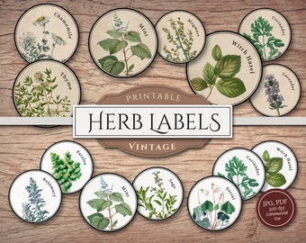 Könnte beinhalten: Druckbare Vintage-Kräuter-Etiketten mit Illustrationen verschiedener Kräuter, darunter Kamille, Thymian, Minze, Beifuß, Koriander, Zaubernuss, Lavendel, Petersilie, Rosmarin, Salbei und Sauerampfer. Die Etiketten sind für die Verwendung auf Gläsern oder Behältern konzipiert.
