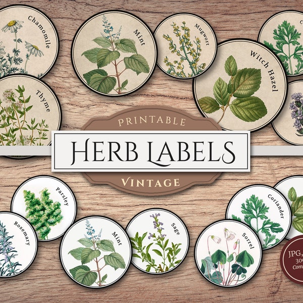 Printable Herb Labels (PNG & PDF Sheets), Green Witch Ephemera, Apothecary Round Tags for Jars, Journal, Digital Download, Commercial Use