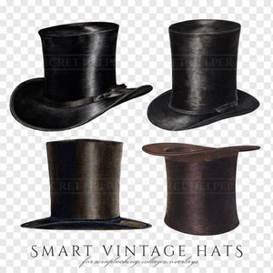 Peut inclure: Quatre chapeaux hauts vintage en noir et marron. Les chapeaux ont une couronne haute et cylindrique et un bord &eacute;troit. Les chapeaux sont parfaits pour ajouter une touche de style vintage &agrave; n'importe quelle tenue.