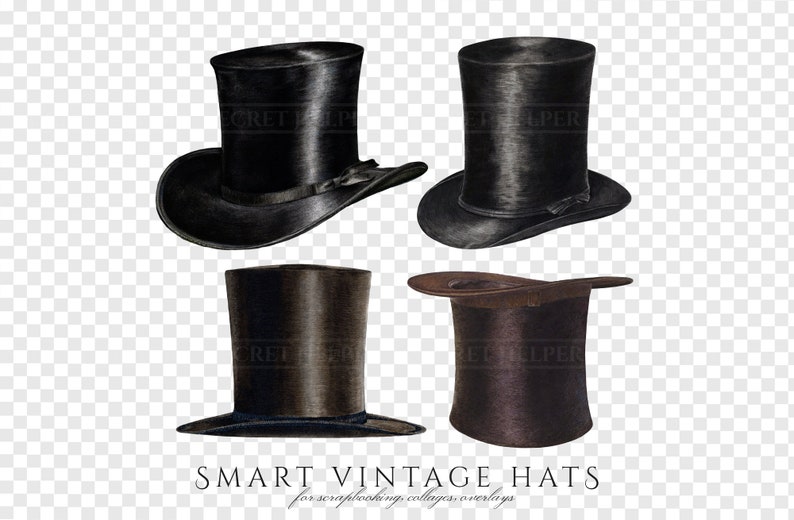 Peut inclure: Quatre chapeaux hauts vintage en noir et marron. Les chapeaux ont une couronne haute et cylindrique et un bord &eacute;troit. Les chapeaux sont parfaits pour ajouter une touche de style vintage &agrave; n'importe quelle tenue.