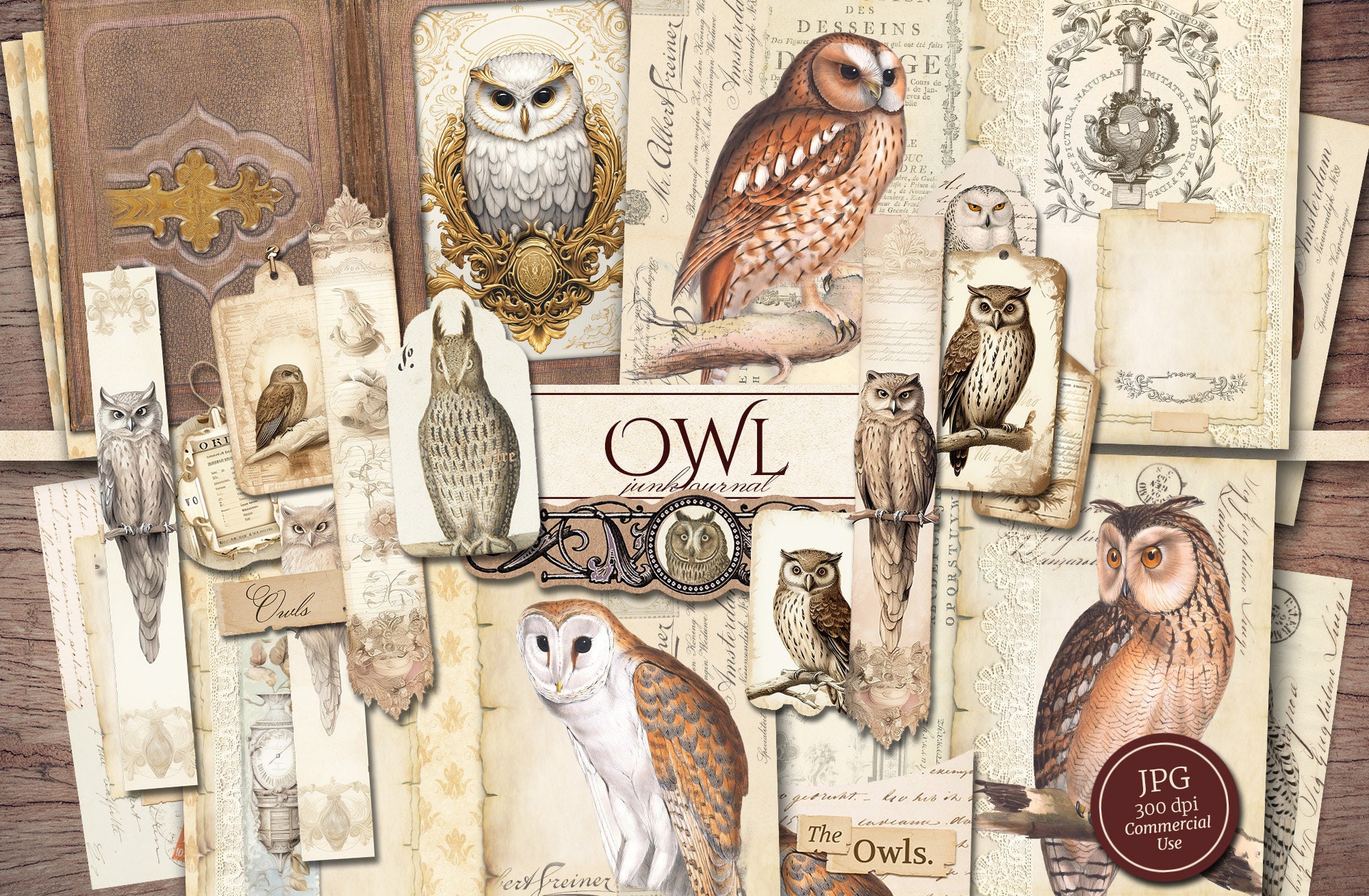 Owl Junk Journal Kit (Printable JPG Pages with Ephemera, Tags, Bookmarks, Cover), Neutral Woodland, Bird Digital Paper, Digital Download