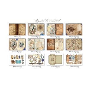 May include: A digital download of 12 printable images for scrapbooking or crafting. The images feature a vintage travel theme with maps, globes, and compass designs. The images are in a warm color palette of brown, beige, and blue.