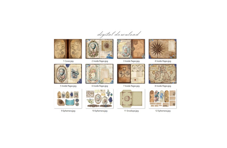 May include: A digital download of 12 printable images for scrapbooking or crafting. The images feature a vintage travel theme with maps, globes, and compass designs. The images are in a warm color palette of brown, beige, and blue.