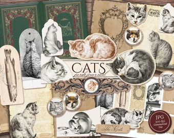 Cats Junk Journal Kit (Printable JPG Pages with Ephemera, Cover, Bookmarks, Tags), Sleepy Kittens, Kitty Cat Digital Paper, Digital Download