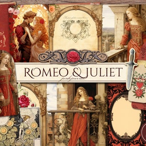 Romeo und Julia Junk Journal Kit (druckbare JPG-Seiten mit Ephemera, Tag), Shakespeare-Drama, mittelalterliche Liebe, digitales Papier, digitaler Download