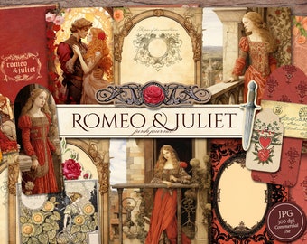Romeo and Juliet Junk Journal Kit (Printable JPG Pages with Ephemera, Tag), Shakespeare Drama, Medieval Love Digital Paper, Digital Download