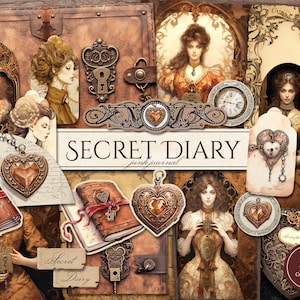 Kit de diário secreto (páginas JPG para impressão com itens efêmeros e etiquetas), memórias antigas, papel para diário vitoriano envelhecido, download digital