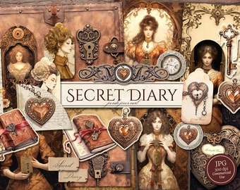 Secret Diary Junk Journal Kit: Victorian Ephemera, Tags (Digital Download)