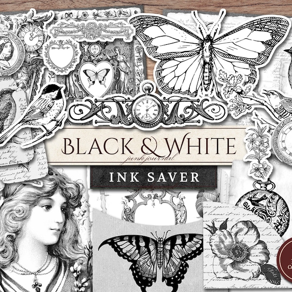 Black and White Junk Journal Kit (Printable JPG Pages with Ephemera, Tags), Ink Saver, Butterfly Colouring Digital Paper, Digital Download