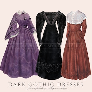 May include: Three vintage-style dresses in purple, black, and burgundy. The dresses are long and have a Victorian aesthetic. The text "DARK GOTHIC DRESSES for scrapbooking, collages, overlays" is at the bottom of the image.