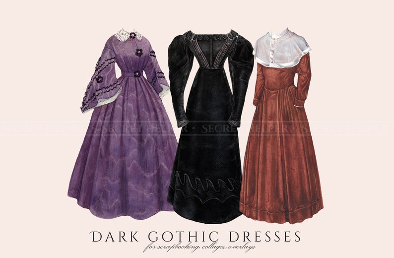 May include: Three vintage-style dresses in purple, black, and burgundy. The dresses are long and have a Victorian aesthetic. The text "DARK GOTHIC DRESSES for scrapbooking, collages, overlays" is at the bottom of the image.