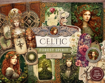 Celtic Junk Journal Kit (Printable JPG Pages with Ephemera, Tags), Forest Spirit, Mother Nature, Fantasy Digital Paper, Digital Download