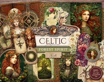 Celtic Junk Journal Kit (Printable JPG Pages with Ephemera, Tags), Forest Spirit, Mother Nature, Fantasy Digital Paper, Digital Download