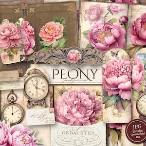 Puede incluir: Una hoja de collage digital con peonías rosas, relojes vintage y diseños florales. La hoja incluye el texto "PEONY" y "GEDACHTEN." La hoja es de 300 dpi y para uso comercial.