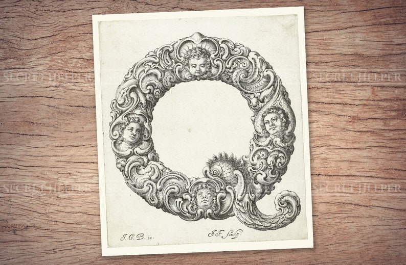 May include: A black and white engraving of the letter Q, surrounded by ornate floral designs and cherub faces. The letter is in a decorative font and the cherubs are depicted with wings and halos.