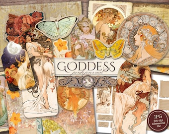Goddess Junk Journal Kit (Printable JPG Pages with Ephemera, Cover, Tags, Bookmark), Art Nouveau, Celestial Digital Paper, Digital Download