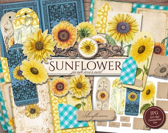 Sunflower Junk Journal Kit (Printable JPG Pages with Ephemera, Cover, Bookmarks), Summer Floral, Flower Digital Paper, Digital Download