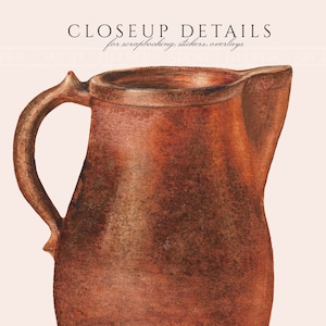 May include: A close-up of a copper pitcher with a rounded body and a handle. The pitcher has a rustic, aged look with a warm, reddish-brown color.