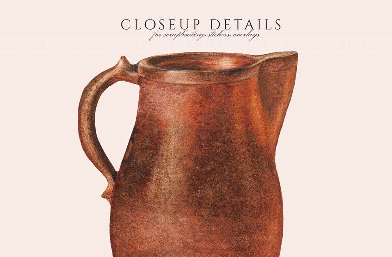 May include: A close-up of a copper pitcher with a rounded body and a handle. The pitcher has a rustic, aged look with a warm, reddish-brown color.