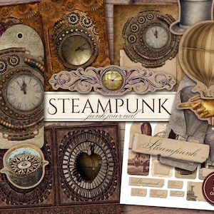 Pode incluir: Uma colagem digital de imagens com tema steampunk, incluindo relógios, engrenagens, dirigível e uma bússola. A colagem é etiquetada como "Steampunk Junk Journal".