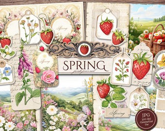 Spring Junk Journal Kit (with Pages, Cover, Ephemera & more!), Strawberry, Countryside, Bloomcore, Digital Download