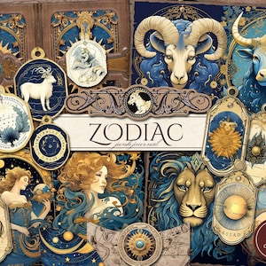 Zodiac Junk Journal Kit (afdrukbare JPG-pagina's met efemere verschijnselen, tags, bladwijzer), astrologie, horoscoop, sterrenbeeld digitaal papier, digitale download