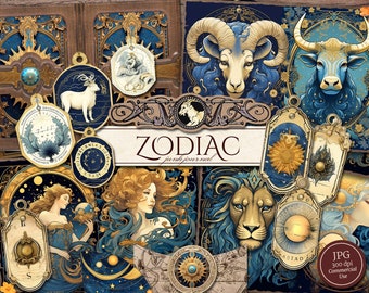 Zodiac Junk Journal Kit (druckbare JPG-Seiten mit Ephemera, Tags, Lesezeichen), Astrologie, Horoskop, Sternzeichen, digitales Papier, digitaler Download