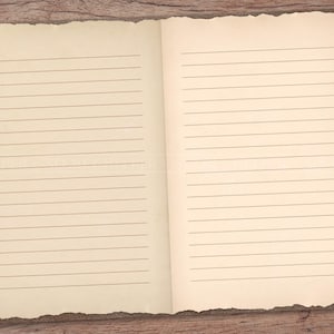 May include: An open lined notebook with torn edges, lying on a wooden surface.