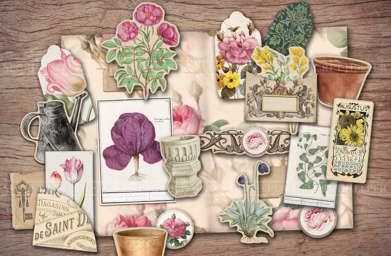 Puede incluir: Una colecci&oacute;n de ilustraciones florales vintage y ef&iacute;meras, que incluyen un calendario, una regadera, una maceta y una variedad de flores. Las im&aacute;genes est&aacute;n impresas en papel y tienen un aspecto desgastado y antiguo.