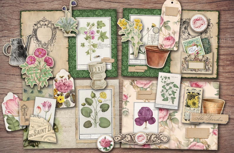 Puede incluir: Una colecci&oacute;n de ilustraciones bot&aacute;nicas vintage y ef&iacute;meras con flores, plantas y texto con tem&aacute;tica de jardiner&iacute;a. Las im&aacute;genes son de estilo r&uacute;stico con colores desva&iacute;dos y un aspecto desgastado. El texto incluye "The Garden" y "De Saint D..."