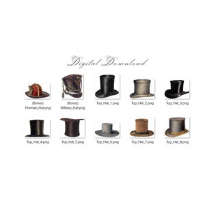 Peut inclure: Un t&eacute;l&eacute;chargement num&eacute;rique de dix images de chapeaux hauts. Les images comprennent un chapeau de pompier, un chapeau militaire et huit styles diff&eacute;rents de chapeaux hauts.