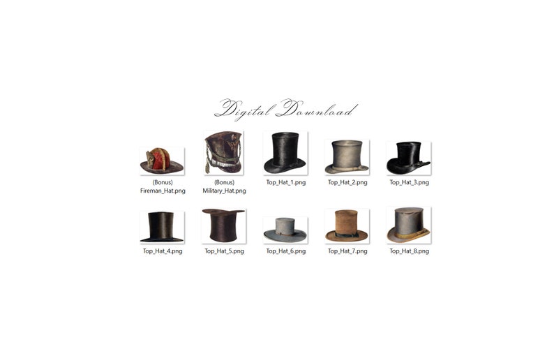 Peut inclure: Un t&eacute;l&eacute;chargement num&eacute;rique de dix images de chapeaux hauts. Les images comprennent un chapeau de pompier, un chapeau militaire et huit styles diff&eacute;rents de chapeaux hauts.